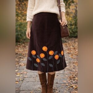 Boden Velvet Floral Appliqué Skirt Brown Y2K Midi A-Line Cottagecore